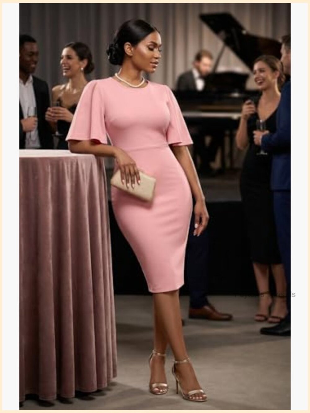 Bodycon Midi Dress with Flared Short Sleeves for Work Wedding Guest Business - Picture 3 of 7